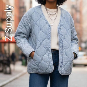 Women's Z Supply Light Blue Denim Quilted Coat S Oversized Cottagcore
